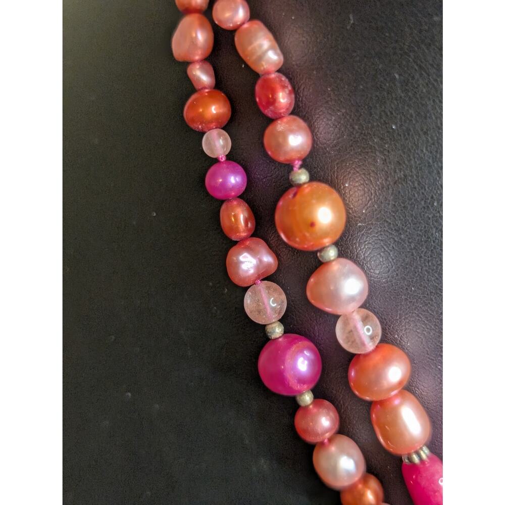 Double Strand Multi-Color Pearl Fuchsia Pink Rhodochrosite Pendant Necklace - Picture 5 of 11